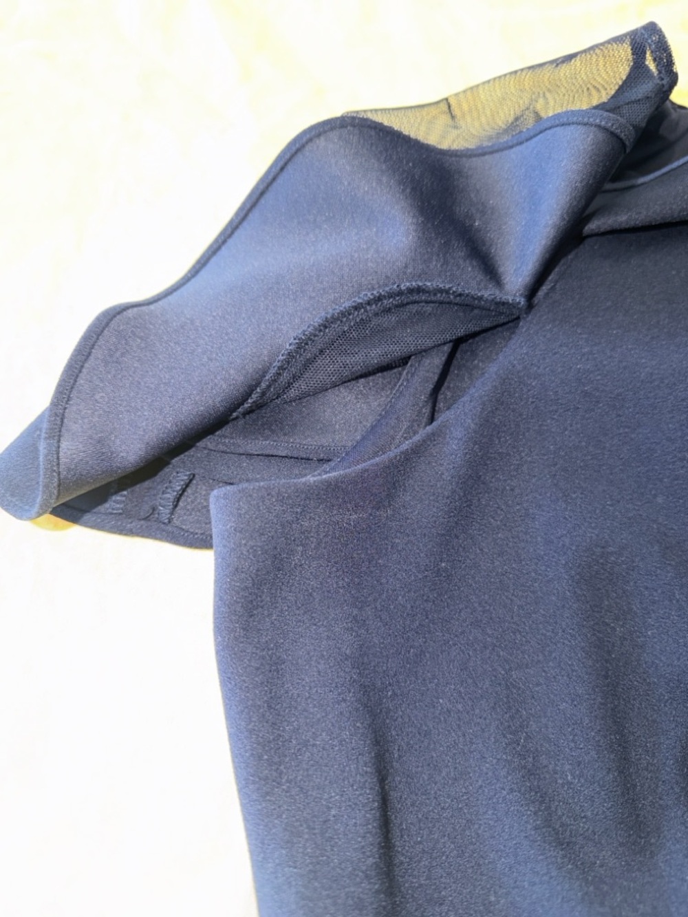 Eliza J Sheer Ruffle Shoulder Cocktail Dress Navy Midi Scuba Crepe Size 8 - Picture 5 of 11